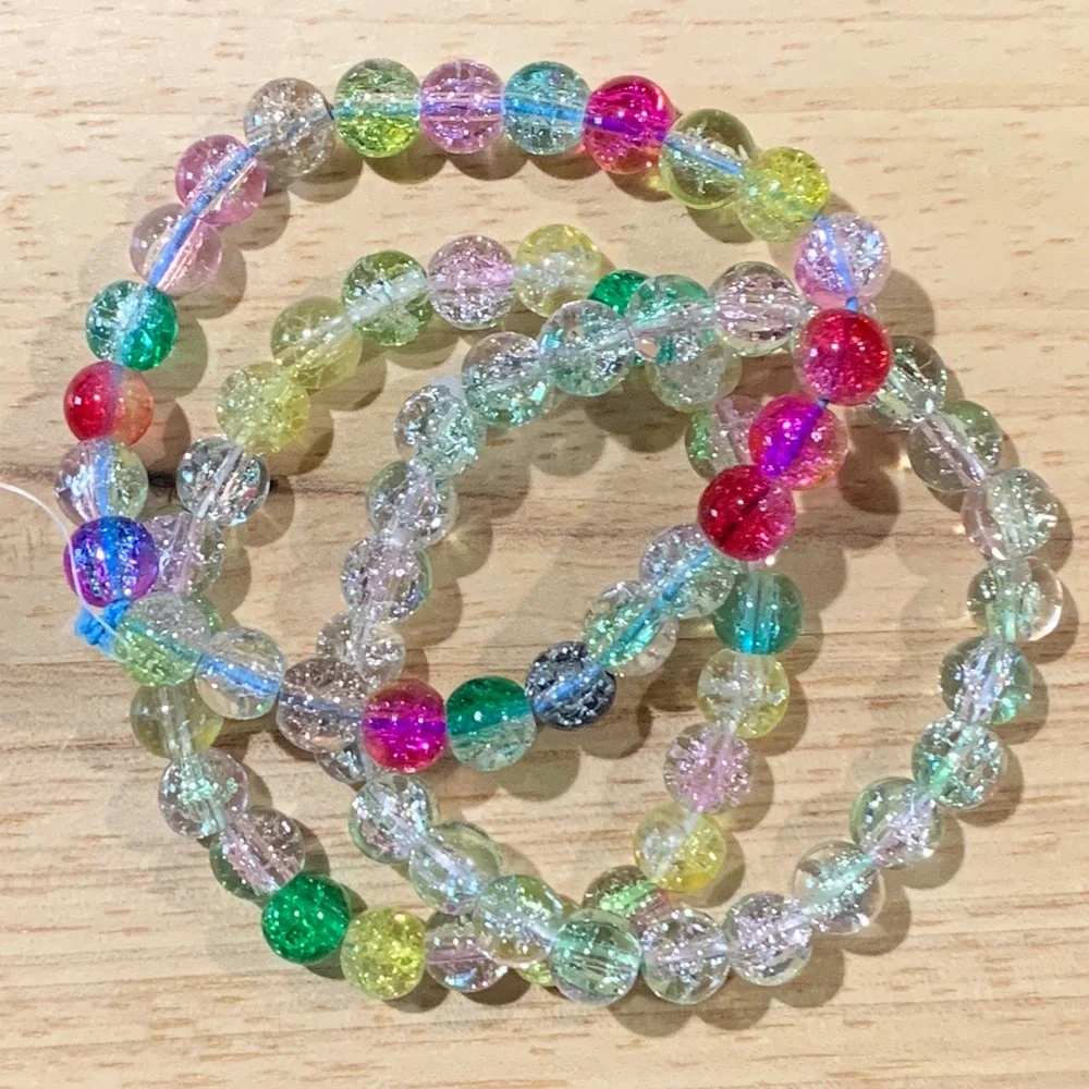 Handcrafted Set of 3 Multicolor Cracked Glass Beaded Stretch Bracelets Fairy Y2K